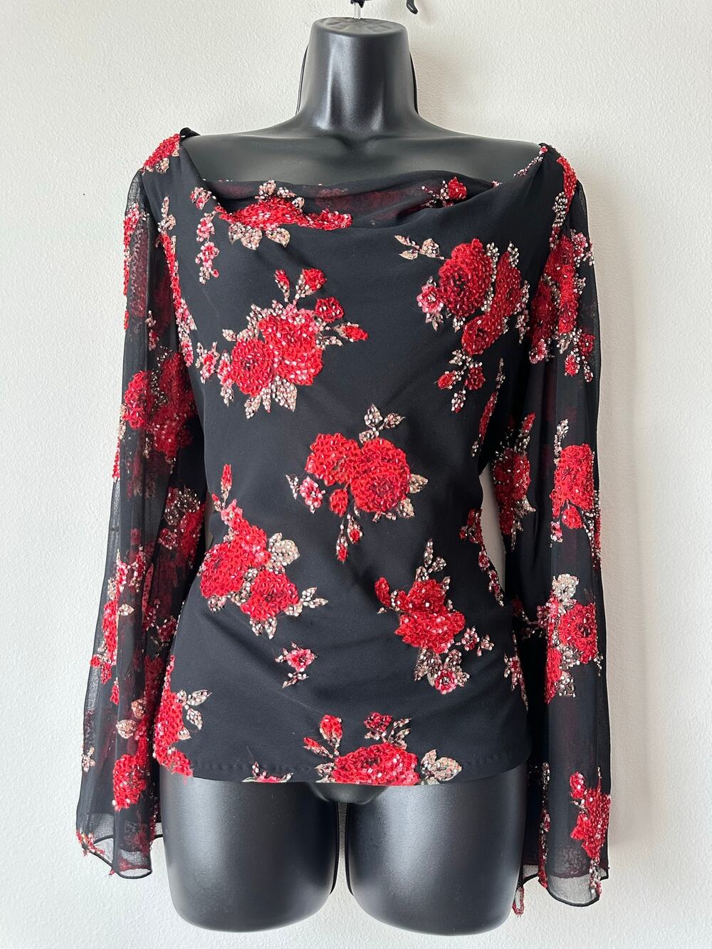 Vintage Y2K JKARA Beaded Floral Evening Top Black Red Sheer Split Sleeves Size M